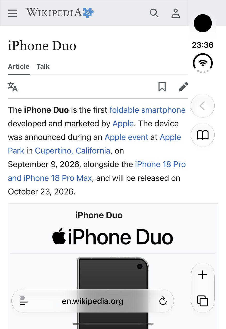 The same article with Widen: the info box fills the full width and the text runs up to Safari's buttons